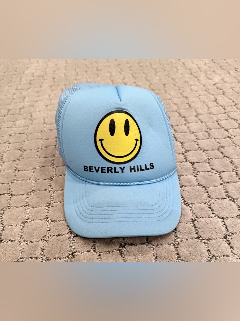 Light Blue Smiley Face Beverly Hills Trucker Hat